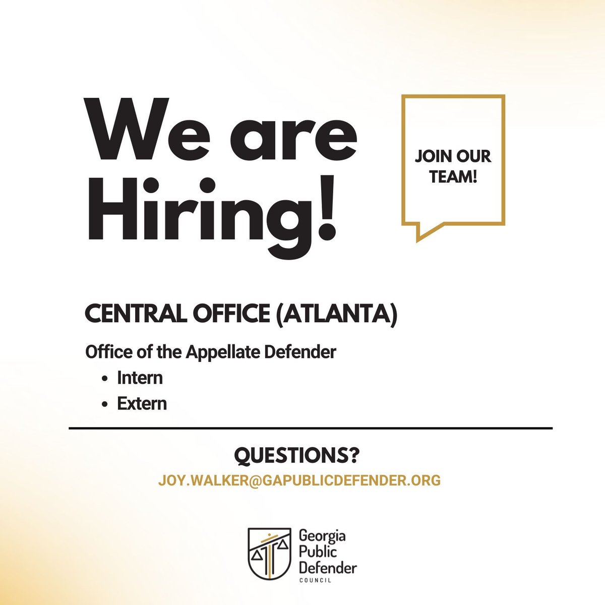 GaPubDef's tweet photo. We are hiring! Join our team at the Georgia Public Defender Council's Office of the Appellate Defender.
📍 Ready to make a difference? Apply now and be part of our mission to ensure justice for all.
📧 Questions? Email us at joy.walker@gapublicdefender.org
#GPDC #Hiring #Intern https://t.co/Vu0eB0t09T