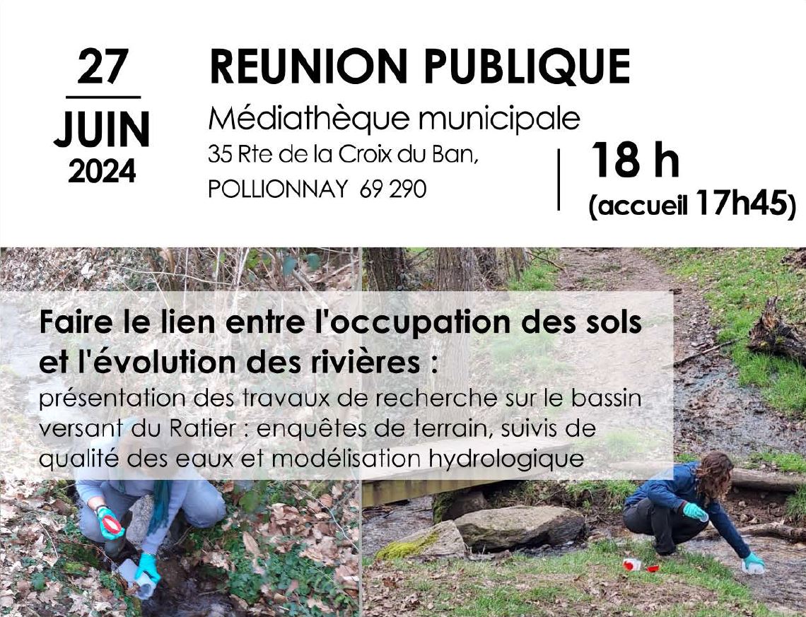 💧 Quel lien entre l'occupation des sols et l'évolution des rivières ? 
Présentation des travaux de recherche menés sur le bassin versant du Ratier.

Avec Marina Coquery  et Flora Branger, scientifiques de l'unité RiverLy.

📅 27/06/2024 à 17h45
📍Médiathèque de Pollionay (69)