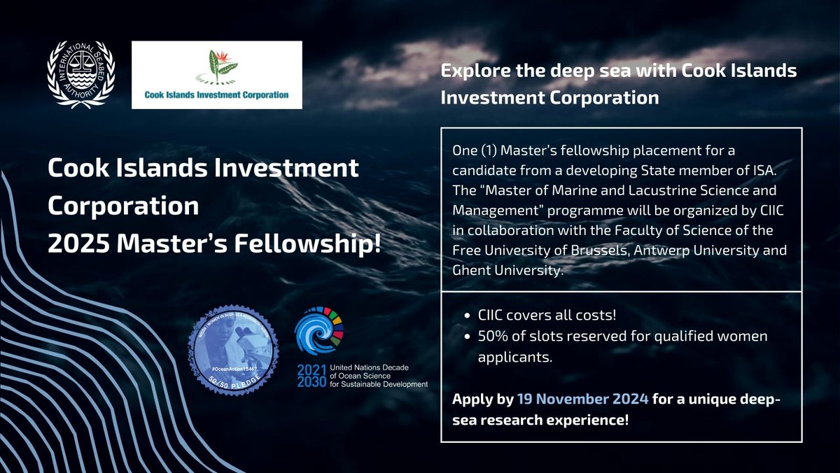 🎓 Now open: applications for a Master´s fellowship opportunity in Marine and Lacustrine Science! 🌍🌊

📆 Candidates from developing States members of ISA are encouraged to apply by 19 November 2024: bit.ly/4ccBQuw

#MarineScience #SustainableDevelopment #CIIC #ISA