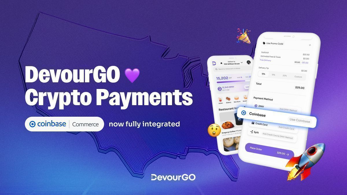 GoDevour's tweet photo. 🎉 DevourGO Now Accepts Payments via @Coinbase Commerce 🎉 

You can enjoy food delivery and easily pay with your Coinbase account. 

⬇️ How it Works: https://t.co/X7FBWXvkl8