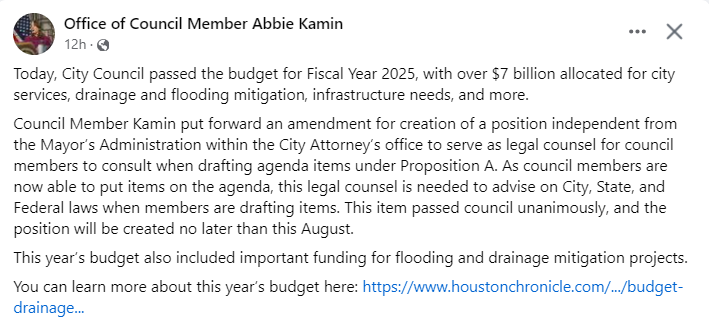 gratifihouston's tweet photo. Huge thank you to @AbbieKamin #DistrictC for funding democracy. https://t.co/E4Np3ndm6B