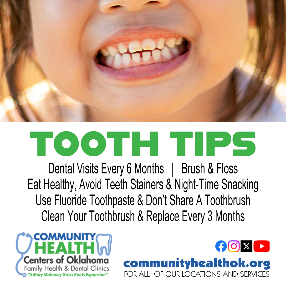 CHCofOklahoma's tweet image. TOOTH TIPS!

Visit communityhealthok.org for a location that offers Dental Services near you, or give us a call at 405.759.3301

Community Health Centers of Oklahoma...serving the community for over 50 years - A Mary Mahoney Grass Roots Expansion

#dental #teeth #toothtips