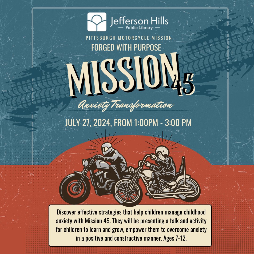 jeffhillslib's tweet photo. Mission 45 will present a talk and activity for children to learn and grow, while empowering them to overcome anxiety in a positive and constructive manner.

Registration is required: https://t.co/jzwazB9vTU https://t.co/3FsRXVZ4tL