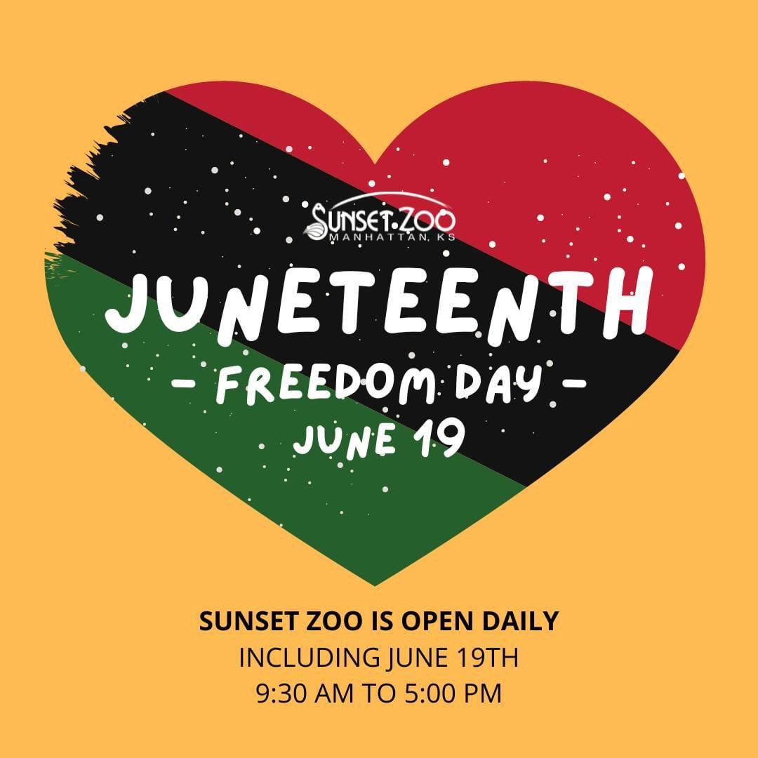 Sunset Zoo will be open on June 19th from 9:30 am to 5:00 pm.