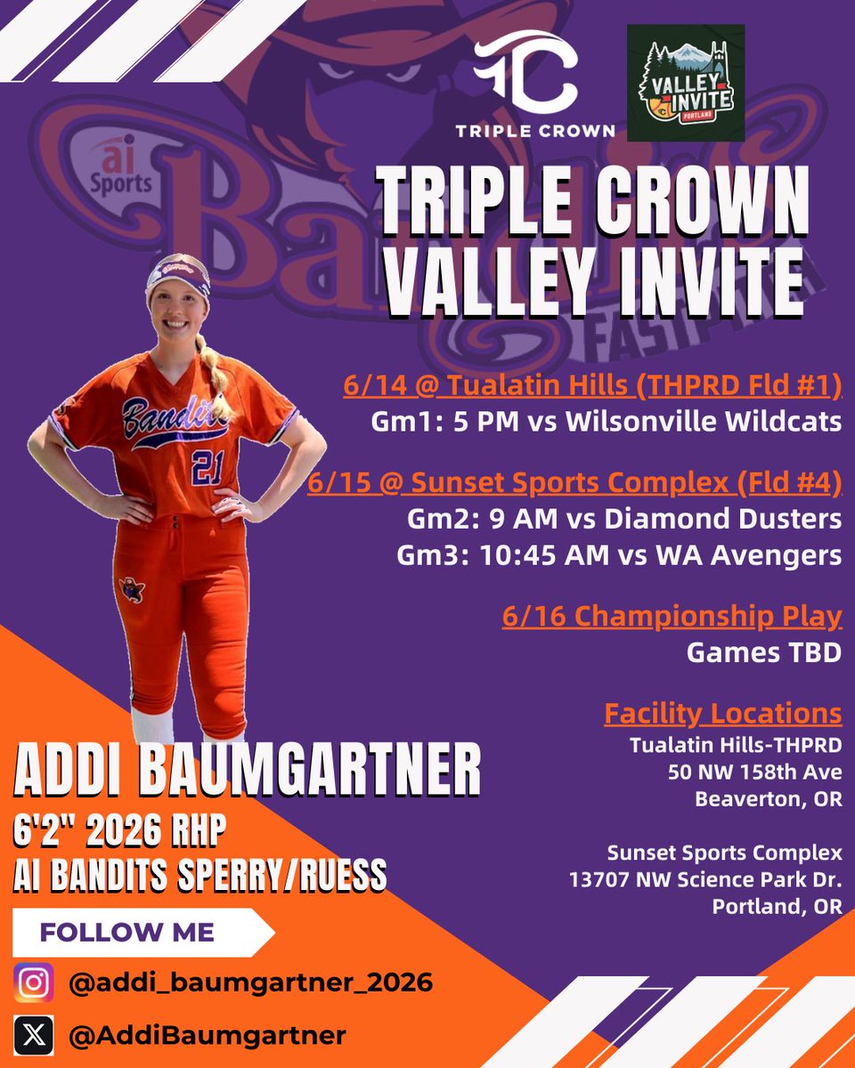 Headed to Portland for the #ValleyInvite. Here is my schedule. 💜🧡 <a href="/TCSFastpitch/">TC Fastpitch</a> <a href="/aibanditsbreer/">ai Bandits Breer</a> <a href="/CoastRecruits/">Coast 2 Coast Recruits</a> <a href="/D1Softball/">D1Softball</a> <a href="/ExtraInningSB/">EXTRA INNING SOFTBALL</a> <a href="/EastlakeFP/">Eastlake High School Wolves Fastpitch</a> <a href="/MaxPreps/">MaxPreps</a> <a href="/Softball_Home/">Softball Home🥎</a>  <a href="/WASportNews/">WA Sports News</a> <a href="/ondecksoftball/">OnDeck Softball 🥎</a> <a href="/UncommittedUTR/">Under The Radar 𝕏</a> <a href="/snovalleysports/">SVSJ-Rhett Workman</a> <a href="/SBLiveWA/">Washington High School On SI</a> <a href="/SBRRetweets/">Softball Recruiting Reposts</a>