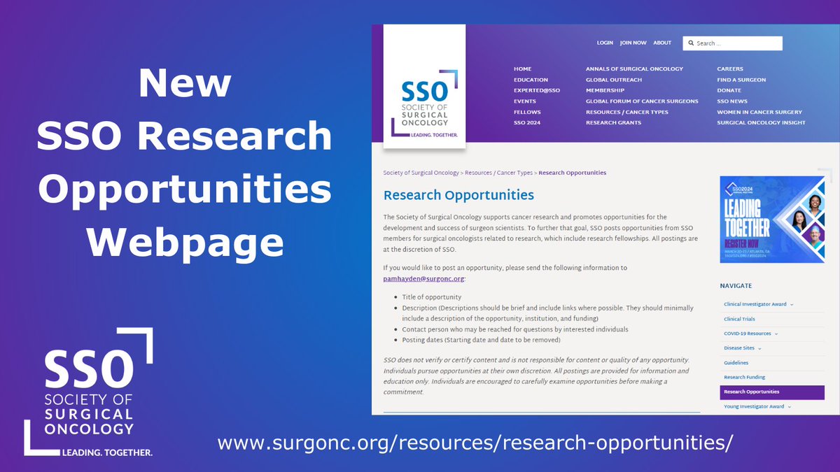 SSO supports cancer research and promotes opportunities for development and success of surgeon scientists. SSO has a new webpage for research opportunities from SSO members for surgical oncologists, including research fellowships. 

Check it out!
👉surgonc.org/resources/rese…