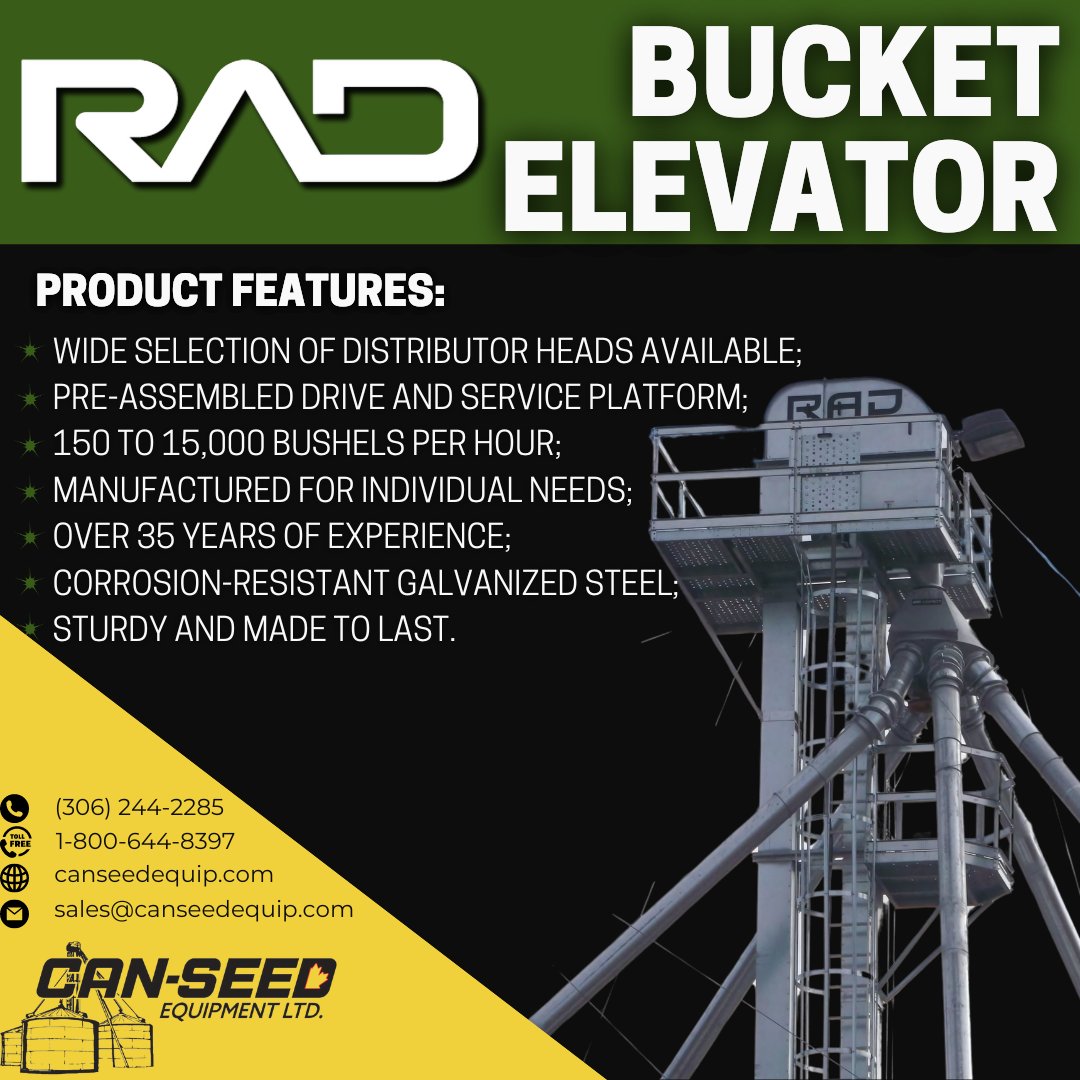 Handle your harvest.

RAD Bucket Elevators are designed, built, and assembled with premium components to give you the workhorse you can rely on. The most efficient operation is ensured with honest capacity ratings to give maximum throughput while still maintaining grain