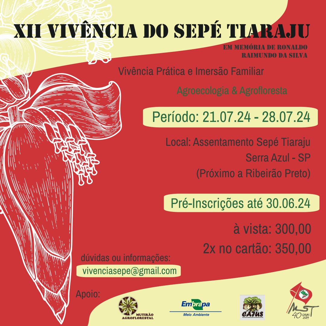MST_Oficial's tweet photo. 🌳✨️Saiu a pré-inscrição para o XII Curso-Vivência Agroflorestal no Assentamento Sepé Tiaraju, que acontecerá do dia 21 a 28 de julho de 2024, em Serra Azul-SP. 

 👩🏽‍🌾 Link para formulário de pré-inscrição: https://t.co/mIWjBjPizk 

#AgroecologiaÉoCaminho #MSTemSP https://t.co/4trFlhTy6J
