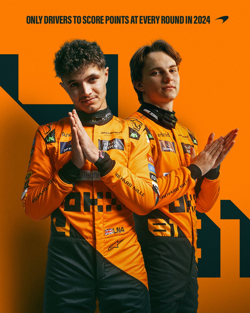 McLarenF1's tweet photo. Sprints and Grands Prix included, @LandoNorris and @OscarPiastri are the last remaining drivers to have taken points from every race weekend so far in 2024! 👏 https://t.co/psuZssII7k