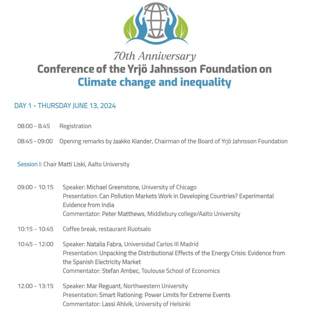 AlbertD_econ's tweet photo. The Yrjö Jahnsson Foundation Conference on Climate and Inequality kicked off with a fantastic start. Great presentations and intriguing papers from Michael Greenstone, @NataliaFabra, Mar Reguant, Clare Balboni, and @drkaenzig. https://t.co/p6HSpTo7NC