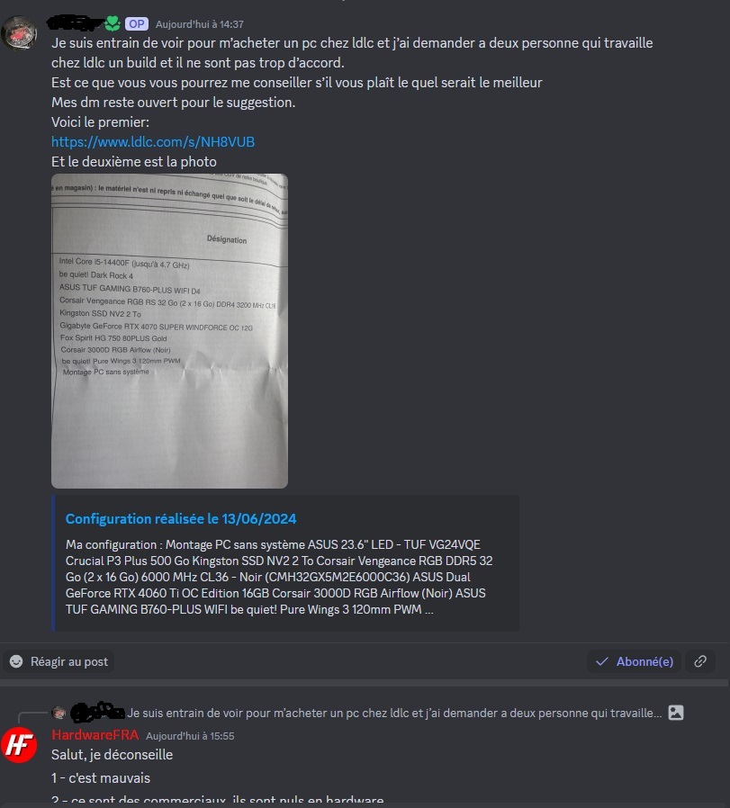 HardwareGamesF1's tweet image. @LDLC c&apos;est honteux ! Vos configs sont lamentables. (image 1 et 2)

VS ma config moins chère et meilleure en tout points : Qualité, fiabilité, durabilité, performances, silence, prix (image 3)

#pc #ldlc #configpc #gaming #computer #hardware