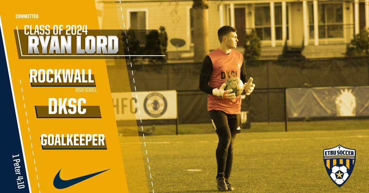 Up next for our 2024 Incoming Class. 

Help us welcome goalkeeper Ryan Lord from Rockwall, Texas and DKSC. 

Thrilled to have Ryan join our program and compete in the net this fall.  Going to be a great year. 

Welcome to the ETBU Soccer Family and Go Tigers! 

#OurGiftHisGlory