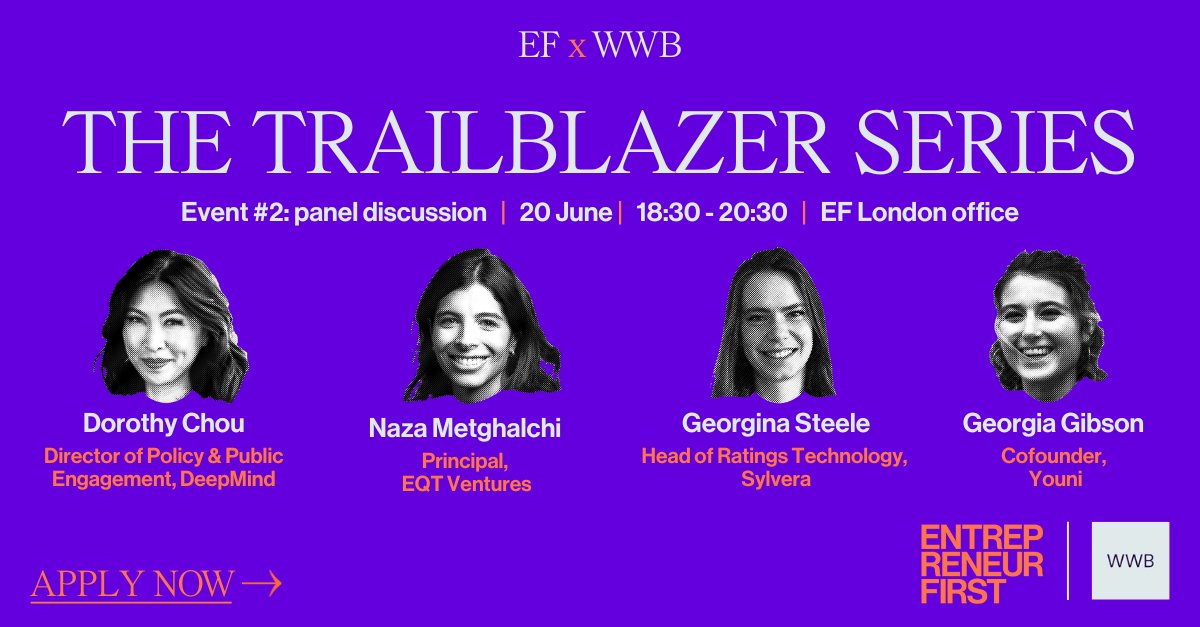 Entrepreneurs First (@join_ef) on Twitter photo It's one week until we host a conversation on careers in the startup ecosystem in partnership with Women Who Build.
Join us on June 20 to hear from Director of Policy & Public Engagement at <a href="/GoogleDeepMind/">Google DeepMind</a>, <a href="/dorothychou/">Dorothy Chou</a>, Founder of Youni, Georgia Gibson, Head of Technology It's one week until we host a conversation on careers in the startup ecosystem in partnership with Women Who Build.
Join us on June 20 to hear from Director of Policy & Public Engagement at <a href="/GoogleDeepMind/">Google DeepMind</a>, <a href="/dorothychou/">Dorothy Chou</a>, Founder of Youni, Georgia Gibson, Head of Technology