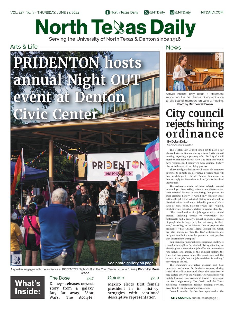 ntdaily's tweet photo. Happy Thursday! In this week's issue, check out our coverage on an annual local LGBTQ Pride event, a rejected fair chance hiring ordinance, a university professor researching the historical relationship between music and climate change and more!

Read more at the link in our bio! https://t.co/5HzkEmTKyI