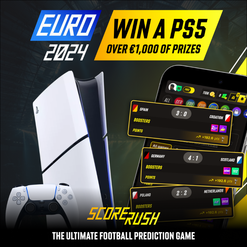 scorerushgame's tweet photo. 🎁 Win a PS5, Mystery Shirts, and More!

🎉 To celebrate the launch of ScoreRush, we're giving away over €1,000 in prizes! Predict the Euro '24 match outcomes and compete for a PS5, #EURO24 Mystery Shirts, Official Euro 24 balls, gaming vouchers, and in-game rewards.