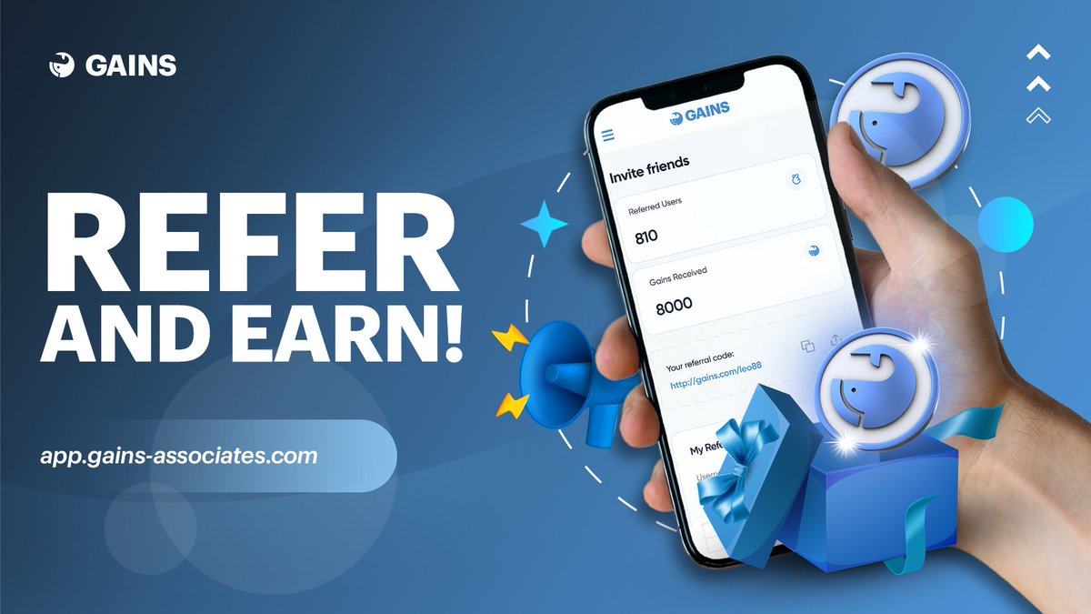 GainsAssociates's tweet photo. 📢 OUR REFERRAL PROGRAM IS LIVE: https://t.co/zxQwWBMPVz

You can now earn free GAINS tokens by inviting your friends to join GAINS Private! 🥳🔥

When your friends sign up, you'll receive a 5% commission on their first stake, and they'll get a 5% bonus as well. It's a win-win! 🤝

👇 LEARN MORE
https://t.co/TuUJ9zfLRE