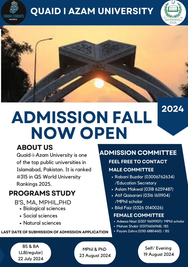 saraiki_council's tweet photo. QAU Islamabad is now accepting admissions! The Saraiki Students Council Admission Committee is here to assist with any questions or issues you may have. Reach out for a smooth admission process!
#LongliveStudentPolitics
#LongLiveSSC🚩 https://t.co/tAJg8UyFo8