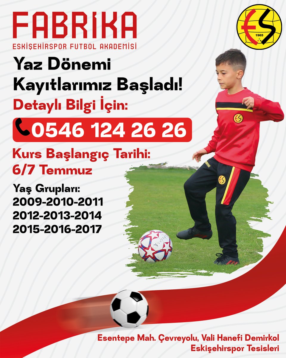 fabrikaakademi's tweet photo. 📢 Eskişehirspor Fabrika Futbol Okulu Yaz Dönemi Kayıtları Başladı! ⚽️🌟

6-7 Temmuz tarihlerinde başlayacak antrenmanlar için kayıtlar başladı! 2009-2017 yılları arasında doğan tüm çocuklarımızı  Fabrika Futbol Okulumuza bekliyoruz!

İletişim: 📞 0546 124 2626 https://t.co/QBEarXHc8W