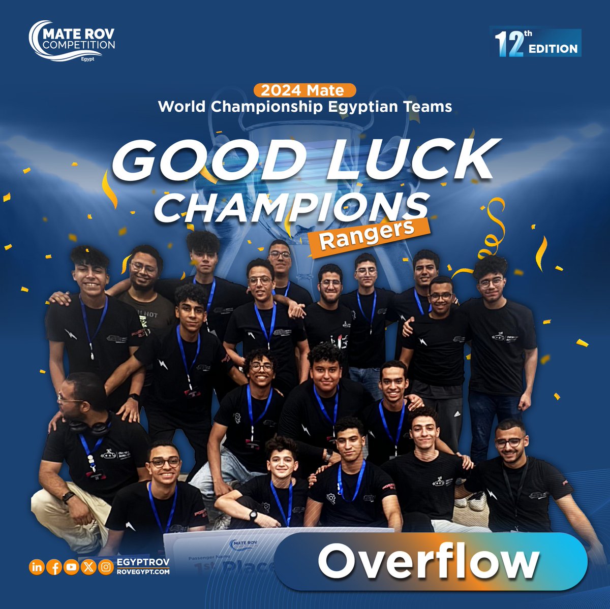 EgyptROV's tweet photo. Compete well and best of luck!
We are proud to have team Overflow competing in the 2024 MATE World Championship at Kingsport Aquatic Center, USA between the 20th - 22nd of June, waiting for their great scores.
Follow for more coverage and updates.
#MATEEgyptROV #WorldChampionship https://t.co/7DsAz52ASY