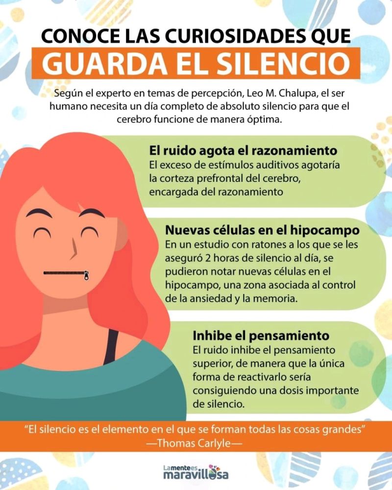 nmformacion's tweet image. Nos ha encantado esta infografía.  ¡Las maravillas del silencio! Según el experto Leo M. Chalupa, un día de silencio absoluto puede optimizar el funcionamiento de nuestro cerebro. 🌟🧠 ¡Dale un respiro a tu mente! #SaludMental #Bienestar #Silencio
Imagen de @LamenteesMaravillosa