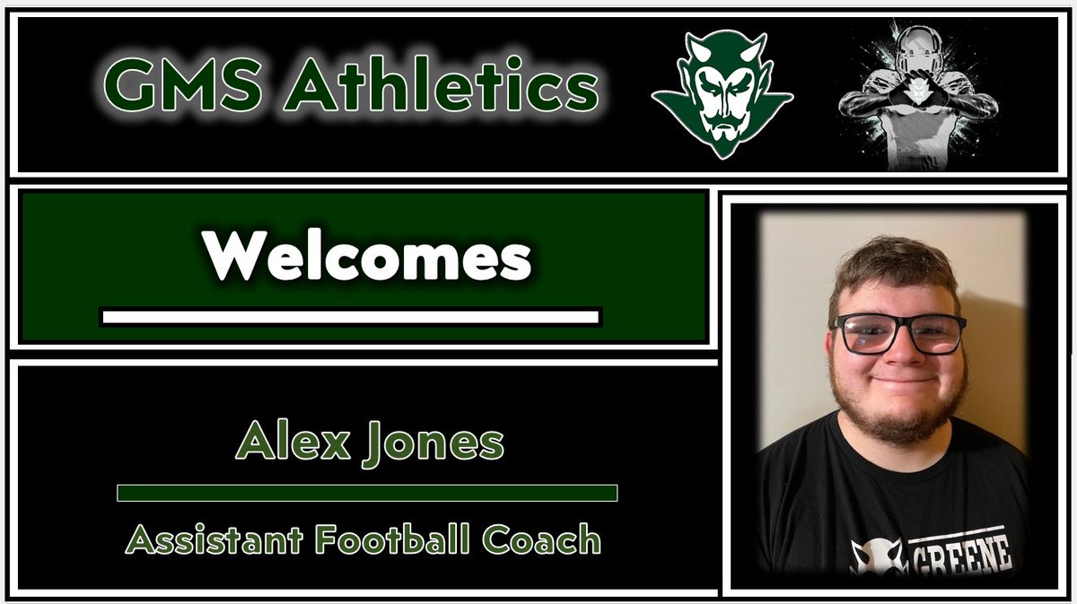 GMS Athletics, Football   
Greeneville Middle School Athletics is proud to announce our new Assistant Football Coach, Alex Jones  
Go Devils! #RISEasONE #WEoverME
@gms_tn <a href="/racheladamstn/">Dr. Rachel Adams</a> <a href="/CoachMcCall65/">Andy McCall</a>
<a href="/Sizemore48/">Adam Sizemore</a> <a href="/GMSDEVILSFB/">Greeneville Middle School Football</a>