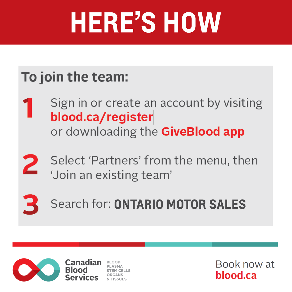 Did you know that June is Blood Services Month? To honour this important cause, we have partnered with the Oshawa Blood Donor Clinic. This month, join our team and donate by following the steps below!