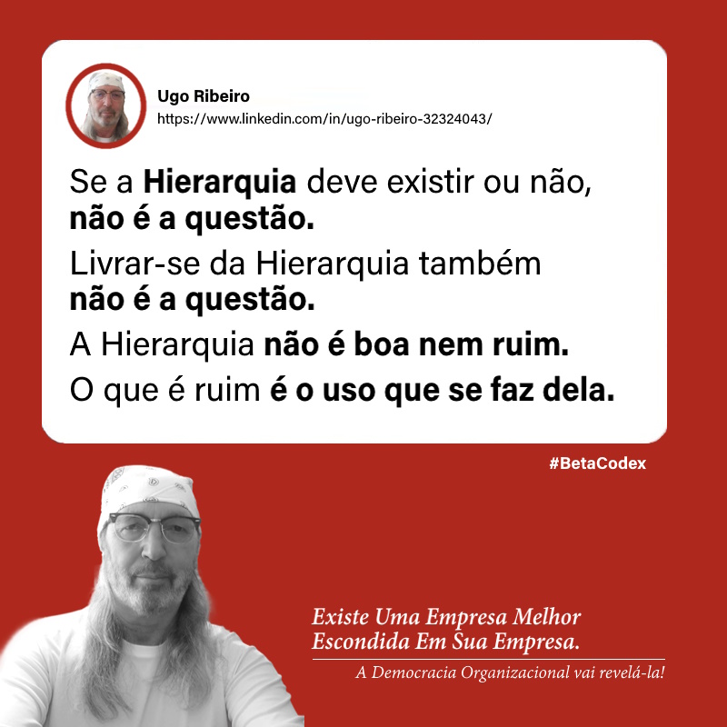 Betacodex_pt's tweet photo. HIERARQUIA
Se a #Hierarquia deve existir ou não, não é a questão.
Livrar-se da Hierarquia também não é a questão.
A Hierarquia não é boa nem ruim.
O que é ruim é o uso que se faz dela.
#BetaCodex #FreedomAtWork #WorkTheSystem #Descentralização #DemocraciaOrganizacional https://t.co/rXVeF6qLJC