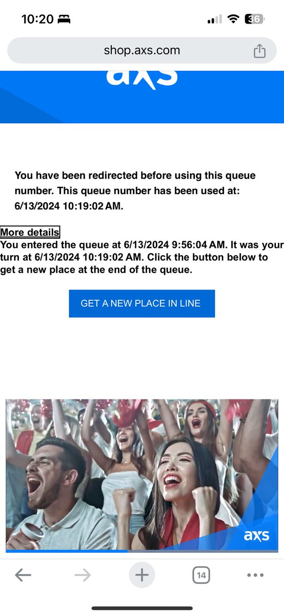 temporal_oops's tweet photo. @AllThingsGo I finally made it to the front of the queue and then my page froze, took me back to the queue and started me all the way over. I didn’t get to buy tickets before getting booted!! https://t.co/ikfTll6S6z