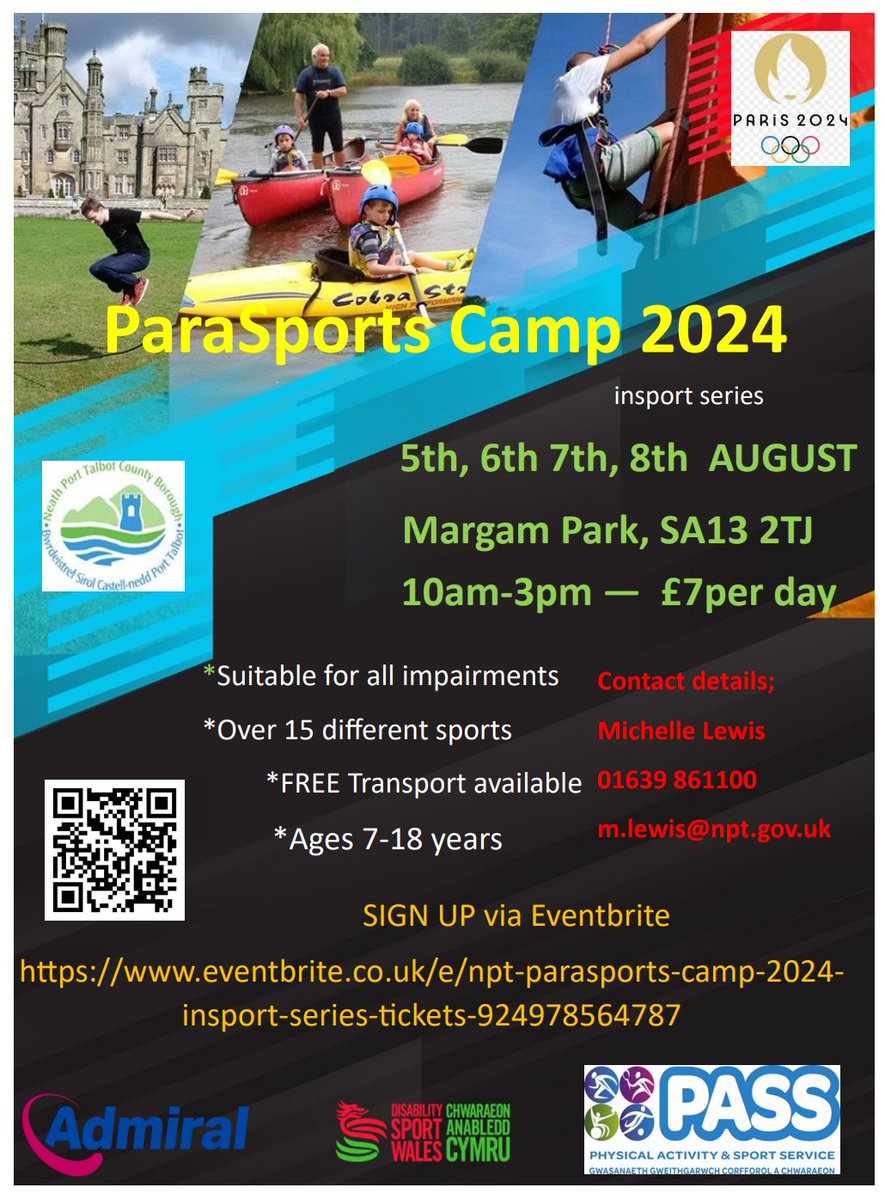 Please see the poster below regarding a Parasports camp during the Summer in Margam Park. This is always a popular event so if you'd like a space please book using the information below.