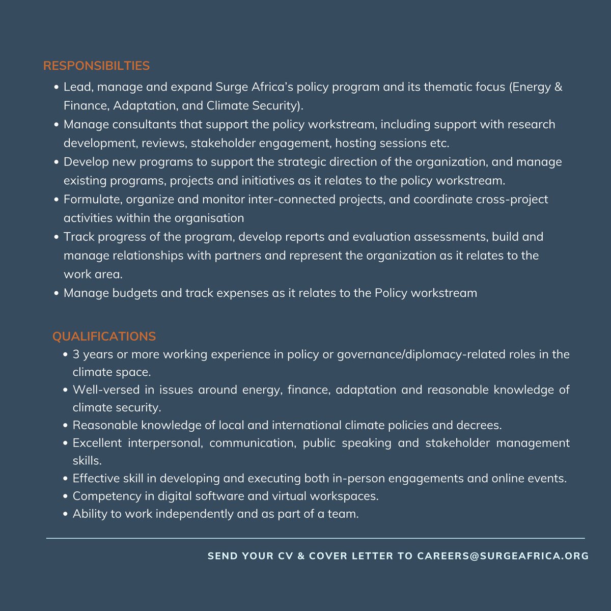 SurgeAfricaOrg's tweet photo. Open Call For Policy Officer! 

Location: Nigeria (Remote)
Deadline: July 7, 2024 

To Apply, Visit: https://t.co/zkDnHeBLVr 

#SurgeAfricaOrg #hiring #Climate #jobcall https://t.co/toBx2Str7t