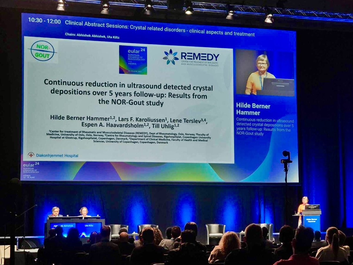 New results on #gout from the NOR-Gout study presented during #EULAR2024 - continued reductions in ultrasound detested crystal depositions over 5-years of follow-up