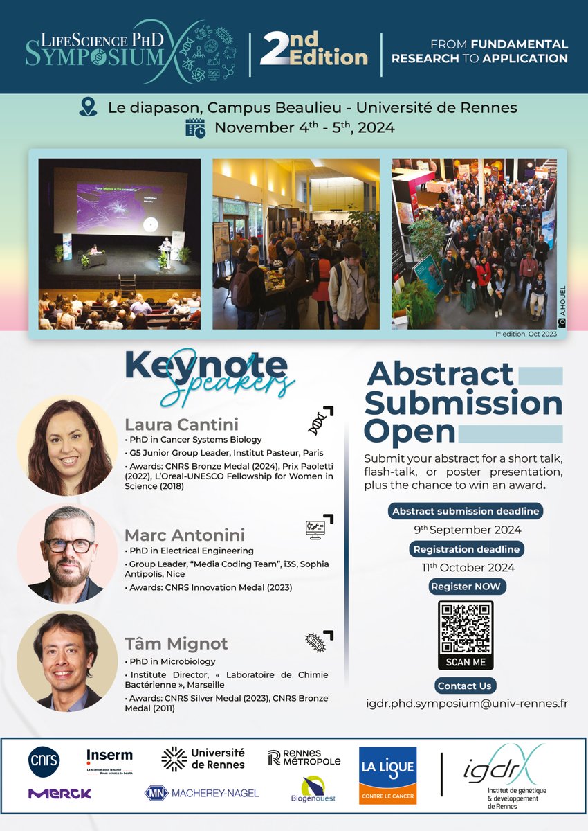 IGDR (@igdrennes) on Twitter photo 📢 Call for participation "LifeScience PhD Symposium"
📅Abstract submission deadline : 9th September
👉 organized by <a href="/IGDRennes/">IGDR</a> PhD students <a href="/RennesUniv/">Université de Rennes</a> <a href="/CNRS_dr17/">CNRS Bretagne et Pays de la Loire</a> <a href="/CNRSbiologie/">CNRS Biologie</a> <a href="/InsermGrdOuest/">Inserm Grand Ouest</a>
ℹ️ igdr-phd-symp24.sciencesconf.org 📢 Call for participation "LifeScience PhD Symposium"
📅Abstract submission deadline : 9th September
👉 organized by <a href="/IGDRennes/">IGDR</a> PhD students <a href="/RennesUniv/">Université de Rennes</a> <a href="/CNRS_dr17/">CNRS Bretagne et Pays de la Loire</a> <a href="/CNRSbiologie/">CNRS Biologie</a> <a href="/InsermGrdOuest/">Inserm Grand Ouest</a>
ℹ️ igdr-phd-symp24.sciencesconf.org