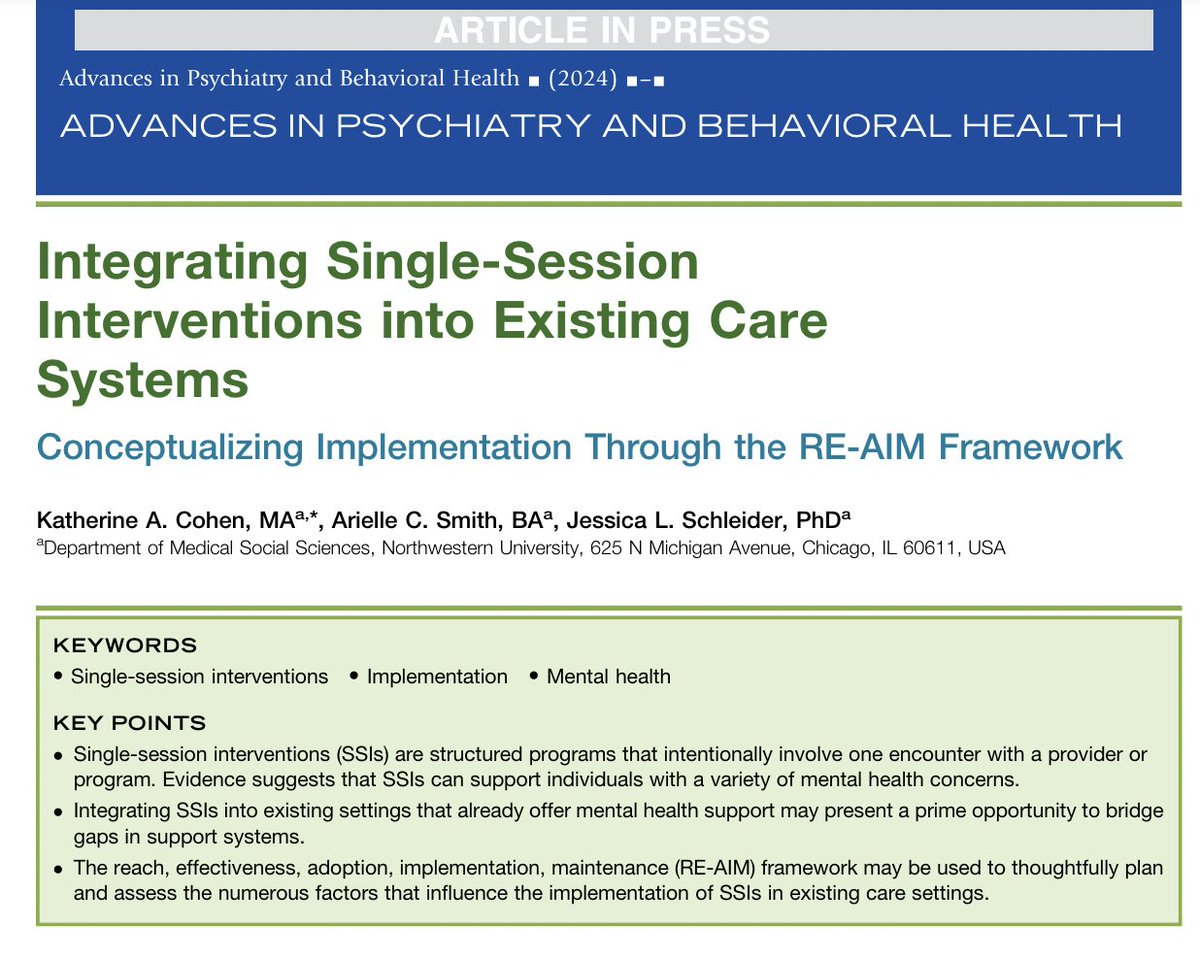 Jessica Schleider, PhD (@jschleiderphd) on Twitter photo New pub by lab team members <a href="/KatherineACohen/">Katie Cohen</a> & @Arielle_C_Smith: "Integrating Single-Session Interventions into Existing Care Systems: Conceptualizing Implementation Through the RE-AIM Framework" ✨
#ImpSci research on SSIs is scarce—let's change that!
sciencedirect.com/science/articl… New pub by lab team members <a href="/KatherineACohen/">Katie Cohen</a> & @Arielle_C_Smith: "Integrating Single-Session Interventions into Existing Care Systems: Conceptualizing Implementation Through the RE-AIM Framework" ✨
#ImpSci research on SSIs is scarce—let's change that!
sciencedirect.com/science/articl…