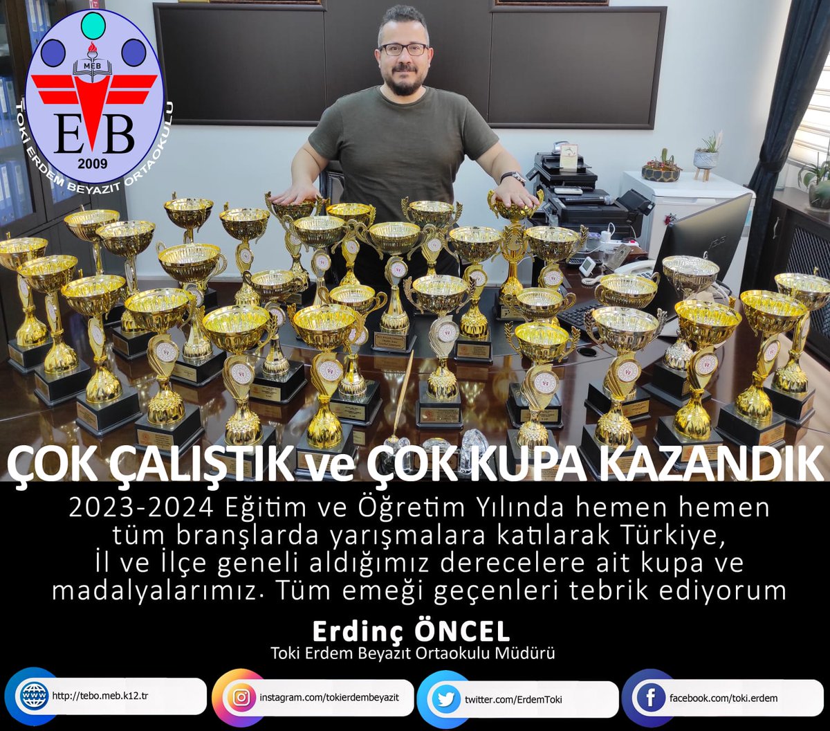 ErdemToki's tweet photo. ÇOK ÇALIŞTIK ve ÇOK KUPA KAZANDIK🏆
2023-2024 Eğitim ve Öğretim Yılında hemen hemen tüm branşlarda yarışmalara katılarak Türkiye, İl ve İlçe geneli aldığımız derecelere ait kupa ve madalyalarımız. Tüm emeği geçenleri tebrik ediyoruz🇹🇷
@istanbulilmem
@KucukcekmeceMeb 
@eroncel26 https://t.co/EcAsvlY3mt