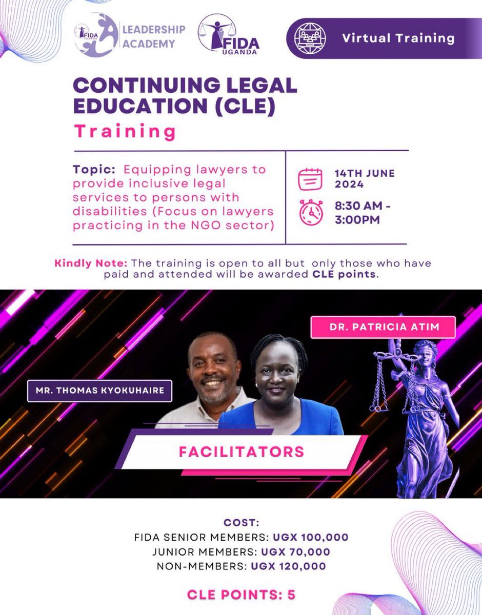 FIDA_Uganda's tweet photo. #Tomorrow π¨π¨π¨
#VirtualCLEtraining ππ»βοΈ
#FIDAULeadershipAcademy π
#Inclusion π€
Join #FIDAUg, Dr. Patricia Atim and Mr. Thomas Kyokuhaire this Friday for a CLE training on: "Equipping lawyers to provide inclusive legal services to persons with disabilities. (Focus on lawyers practicing in the NGO sector)" βοΈπ©πΏββοΈπ¨πΏββοΈ
Don't miss out on the opportunity to learn more about how to best serve the legal and access to justice needs of PWDβs in the community!
Donβt forget to register online before attending!
π¨ Registration Link: https://t.co/VodFrEqd0u
Click the link to join this meeting: https://t.co/bJUjeszRbi
ποΈ | Friday, 14th June, 2024
β° | 8:30 am