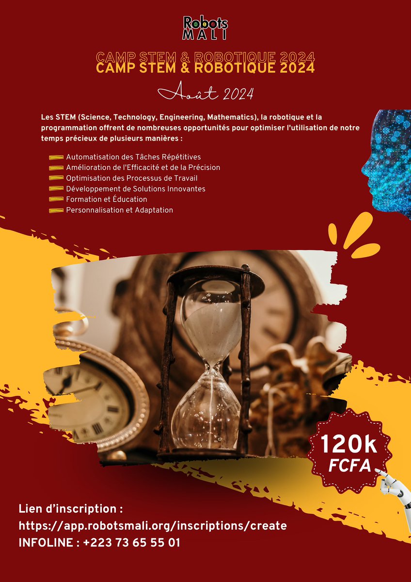 ROBOTSMALI1's tweet image. VOTRE TEMPS EST PRÉCIEUX ! 🕰️⏳

Lien d&apos;inscription : app.robotsmali.org/inscriptions/c…

INFOLINE : +223 73 65 55 01

#RobotsMali #CampRobotique #STEM