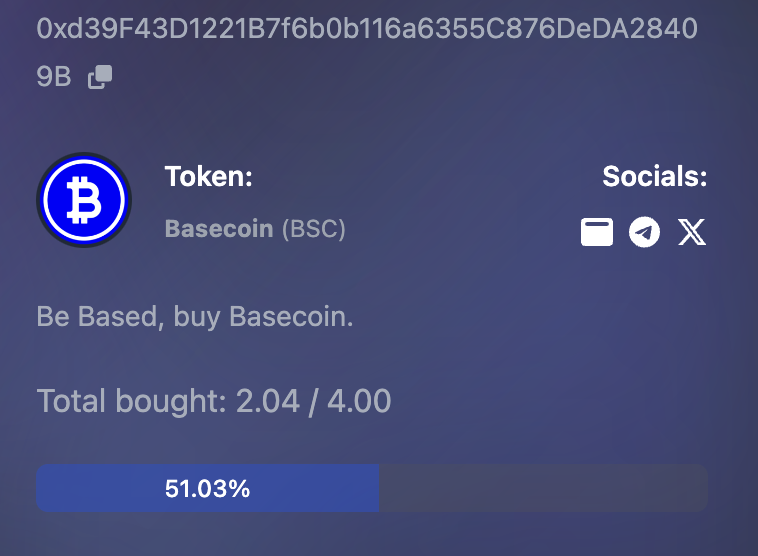 BasecoinBase's tweet photo. Still in the early days of Basecoin, 

Michael Basedlor has been bidding 

50% Filled

$BSC

0xd39F43D1221B7f6b0b116a6355C876DeDA28409B https://t.co/HTcjS7ZDl4