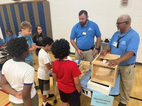 VBCPSMaintServ's tweet photo. Josh Stoner and Solomon Mills were at Parkway ES Career Day showing students the type of work, safety equipment and examples of how things are made in our carpentry shop. https://t.co/R89D4yGJas