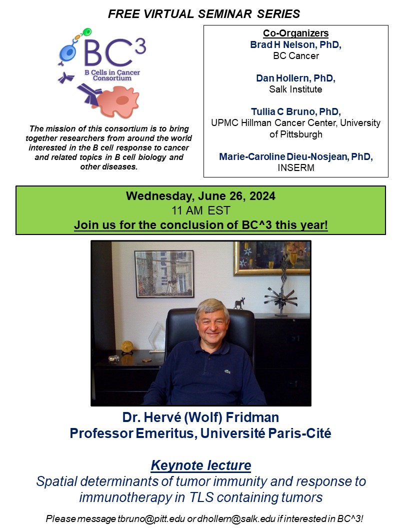 Tullia Bruno, PhD (@bcellbruno) on Twitter photo We are wrapping up our BC^3 series with a special keynote from Dr. Wolf Fridman on Wednesday, June 26th at 11 AM EST. Join us for this dynamic lecture! #TLS <a href="/hollern_daniel/">Daniel Hollern</a> We are wrapping up our BC^3 series with a special keynote from Dr. Wolf Fridman on Wednesday, June 26th at 11 AM EST. Join us for this dynamic lecture! #TLS <a href="/hollern_daniel/">Daniel Hollern</a>