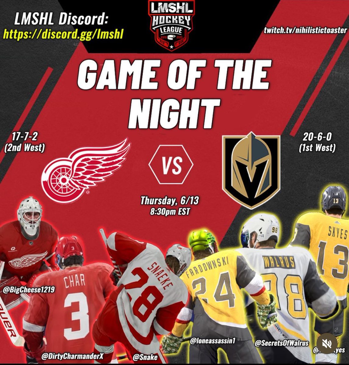 LMSHLOfficial's tweet photo. GOTN features a brotherly rivalry, a snake, a toaster, and a whole lotta great hockey coming out the Western Conference.
Detroit and Vegas square oft, currently sitting at #1 and #2 respectively in the West.

Catch all the action tonight starting at 8:30 pm EST! https://t.co/A93pialLpp