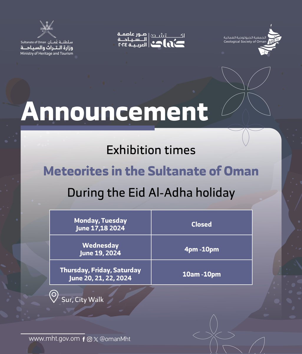 SinbadsOPG's tweet photo. Meteorites Exhibition in Sur during Eid al-Adha holiday
June 17 - 22.
📸: @OmanMHT

#OmanPocketGuide #Oman #MyOman #TravelToOman #Travel #Viral #Trending #uae #dubai #abudhabi #qatar #ksa #gcc #Italia #Deutschland #UK #Britain #France #Schweiz #India #MiddleEast https://t.co/UOZ5bgWrI8
