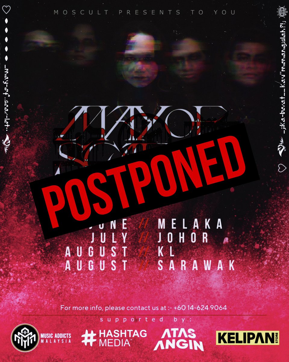 Hello everyone. 

We are regret to inform you that we will be postponing our May of Scarlet 10th anniversary tour for an unavoidable reason.

Sorry for any inconvenience. 
See you guys soon!