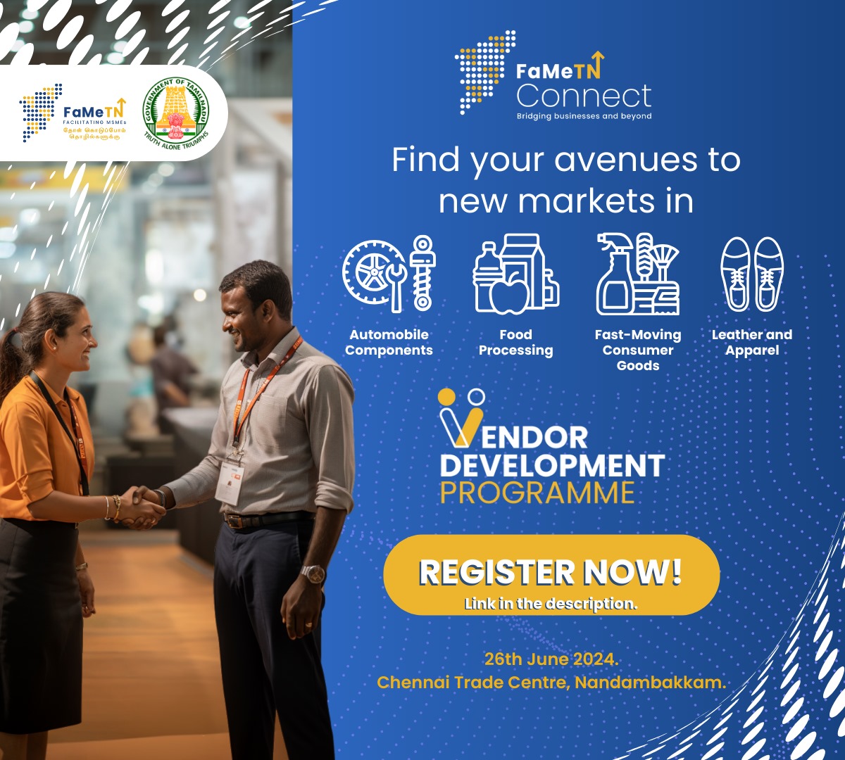 fametamilnadu's tweet image. Attention MSMEs in the #automobilecomponents, Fast-Moving Consumer Goods (#FMCG), #foodprocessing, and #leatherandapparel sectors.
Do you wish to get into the supply chain of large industries and Public Sector Entities (PSEs)?
Here&apos;s an excellent #opportunity.