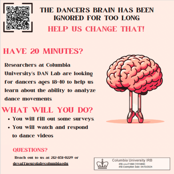 We are studying how specific dance training impacts how people watch/experience dance performances - we invite you to participate! Please see below, and follow this link if you are interested: redcap.psych.columbia.edu/surveys/?s=N8X…