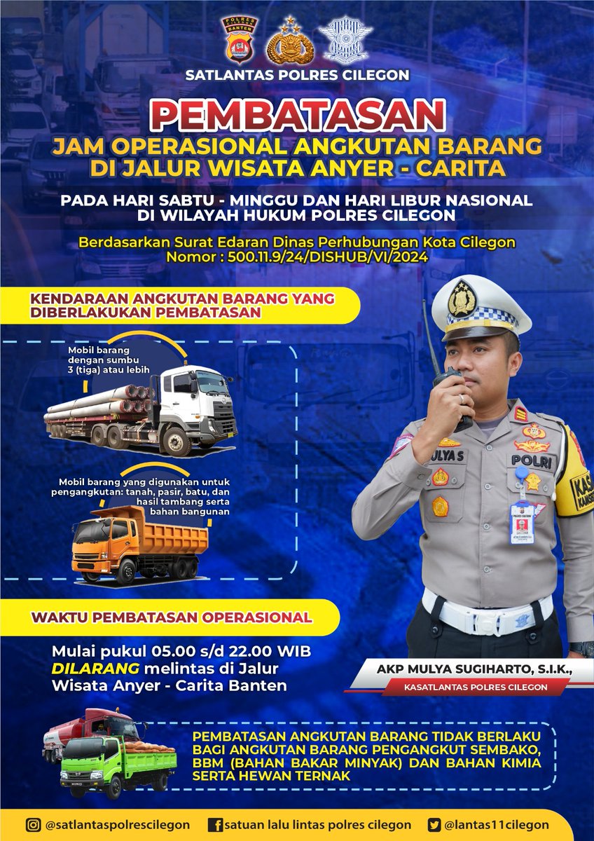 bpkbcilegon's tweet photo. FYI...‼️
Satlantas Polres Cilegon melaksanakan pembatasan jam operasional angkutan barang di jalur wisata Anyer - Carita. 
Pada hari Sabtu - Minggu &amp; hari libur nasional di wilayah hukum Polres Cilegon.
Demi kelancaran arus wisata.
Untuk keterangan lebih jelas, silahkan cek meme. https://t.co/g2Lvn2sTFk