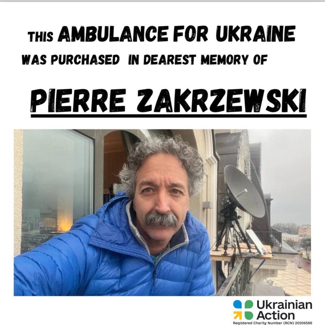 UkrainianAction's tweet photo. 10th ambulance 🚑 in the honour and memory of Pierre Zakrzewski 📹🇮🇪🇫🇷, killed by 🇷🇺 in Irpin has arrived to Donetsk region to evacuate &amp; save people 🇺🇦 We are grateful to mother of Pierre and his family for supporting our humanitarian aid efforts 🙏🏻 https://t.co/etjHbgAEJI