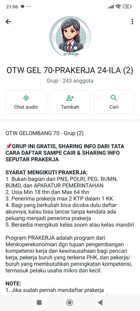 Work! 
Pra kerj4 gelombang 70 akan segera dibuka, lumayan kalau lulus bisa dpt kesempatan dapat insentif+survey 700k, dapat ikut 2-3x pelatihan gratis dari pemerintah dan dapat sertifikatnya. 
Ini aku ada gc sharing untuk pejuang prakerj4, yang mau rep ya