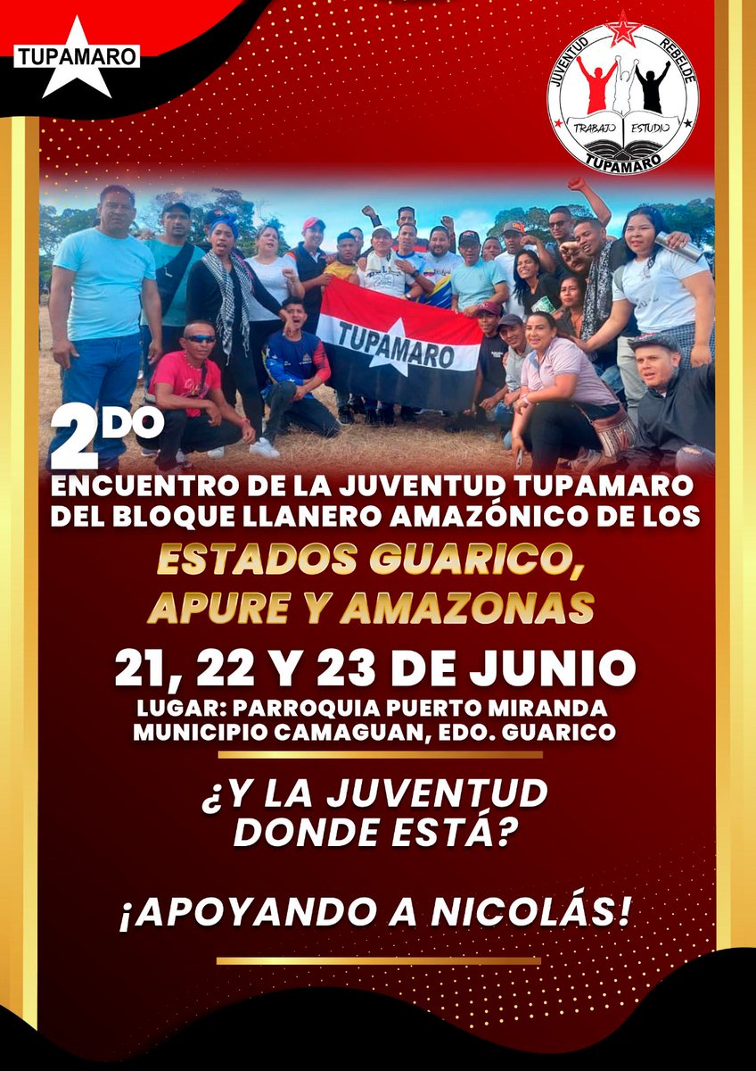 ¿𝙔 𝙡𝙖 𝙅𝙪𝙫𝙚𝙣𝙩𝙪𝙙 𝙙𝙤́𝙣𝙙𝙚 𝙚𝙨𝙩𝙖́?
¡𝘼𝙥𝙤𝙮𝙖𝙣𝙙𝙤 𝙖 𝙉𝙞𝙘𝙤𝙡𝙖́𝙨! 🚩🏴

📢 2do. Encuentro de la Juventud <a href="/BloqLlanero_MRT/">BloqueLlaneroAmazonico_MRT</a>
Estados: Guarico, Apure y Amazonas.
🗓️ Días: 21 al 23 de Junio

<a href="/NicolasMaduro/">Nicolás Maduro</a>
#VenezuelaPotencia