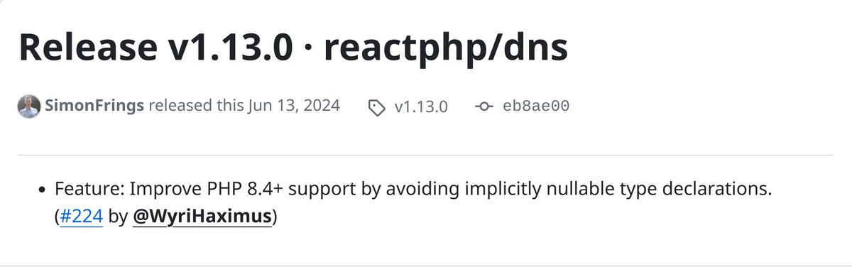 reactphp's tweet photo. Just released v1.13.0 of our DNS component! 🎉

Today's release introduces initial support for the upcoming PHP 8.4 release, also allowing our downstream components to add compatibility for PHP 8.4 as well.

https://t.co/fPAdsUsf0x

Enjoy #async #php! 🍻 https://t.co/r2alieT9T3