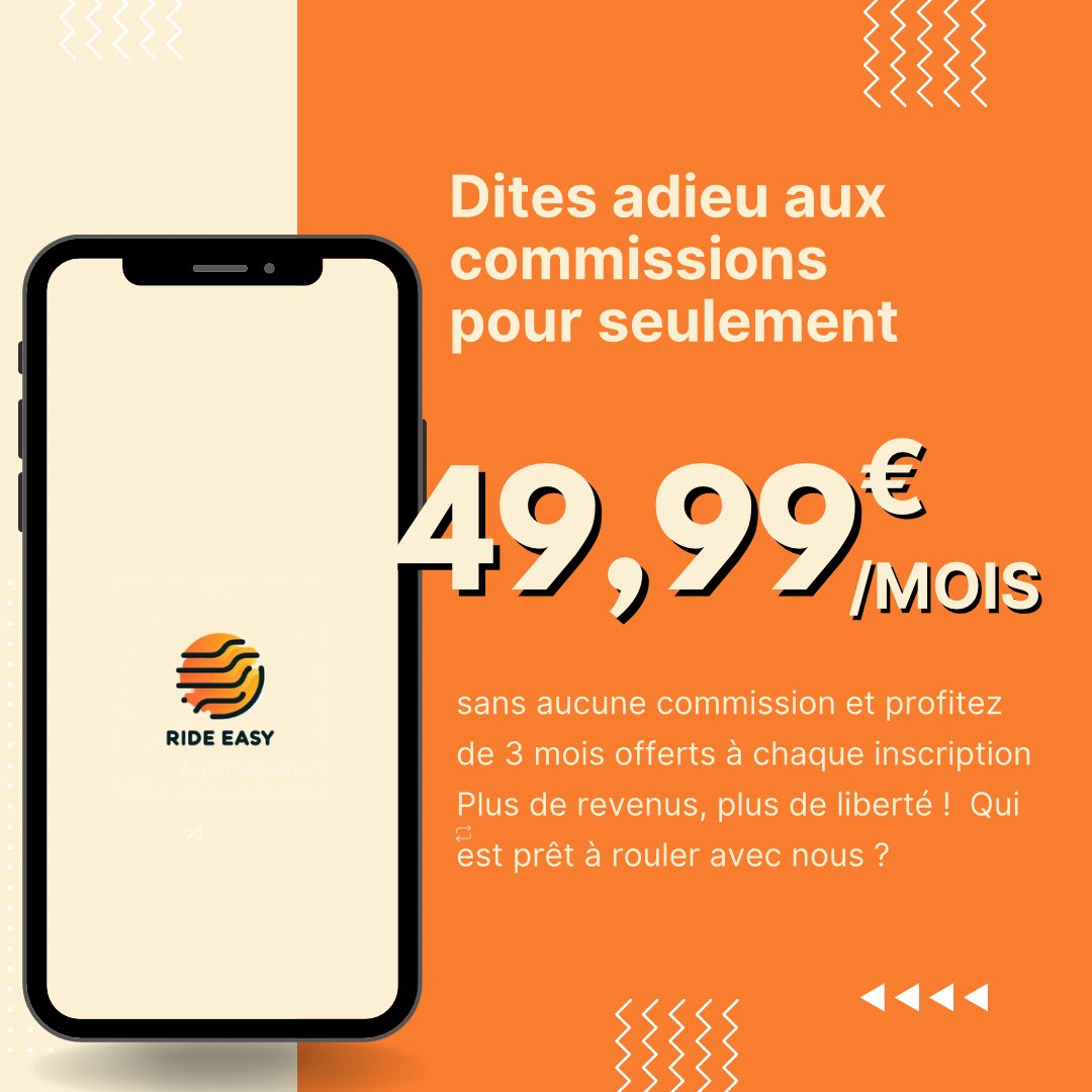 🚗💥  Dites adieu aux commissions avec RideEasy ! Pour seulement 49,99€/mois, empochez 100% de vos courses et profitez de 3 mois offerts à chaque inscription ! 🚀 Plus de liberté, plus de revenus, tout en roulant avec nous. Prêt à changer de vitesse ? 🚕💨#bolt #chauffeurs
